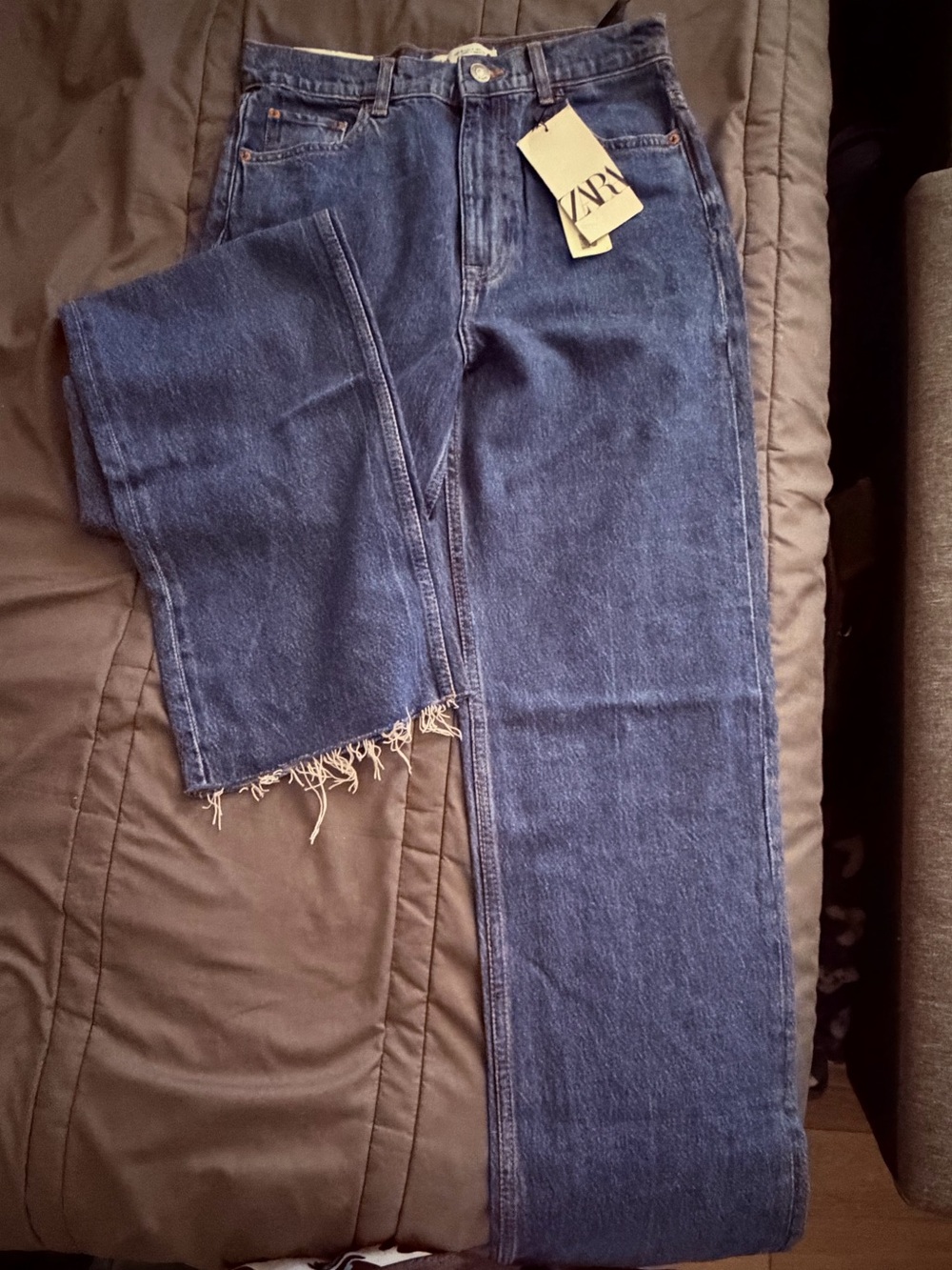 Zara Dark Blue Straight High-Rise Jeans with Raw Hem